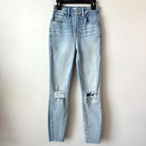 Good American Good Waist Skinny High Rise Jeans Size‎ 00 / 24 Blue Ripped Knee